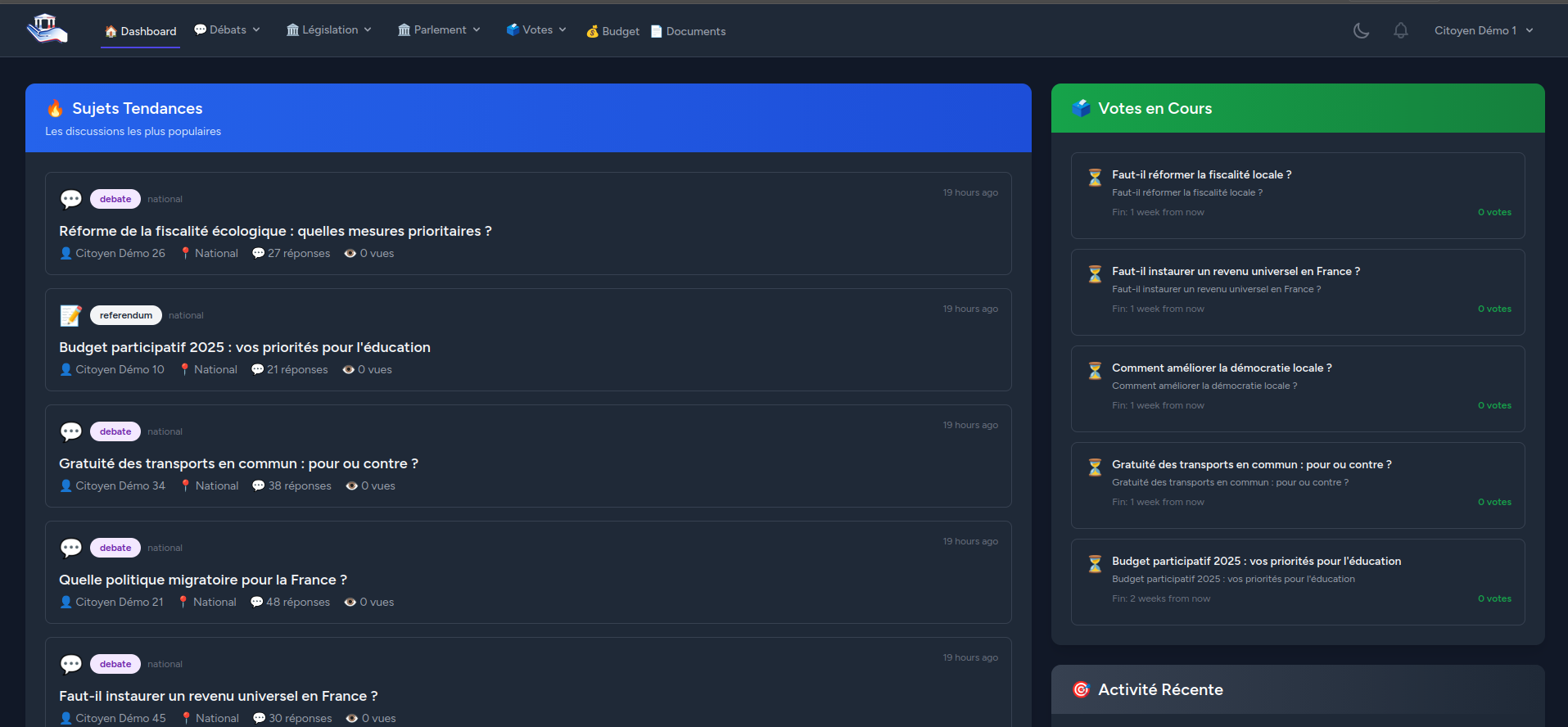 Capture d'écran du tableau de bord CivicDash