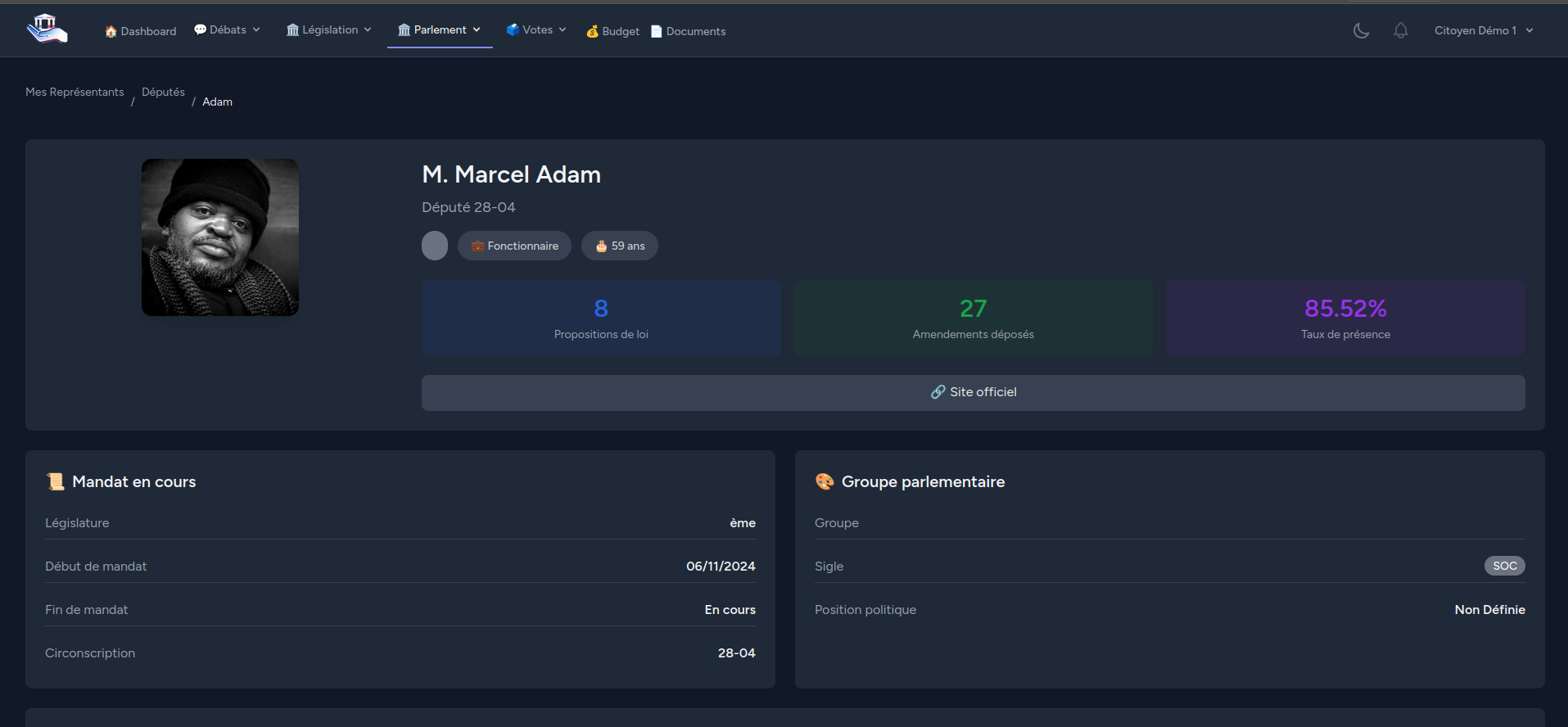 Capture d'écran du profil détaillé d'un député avec son activité législative