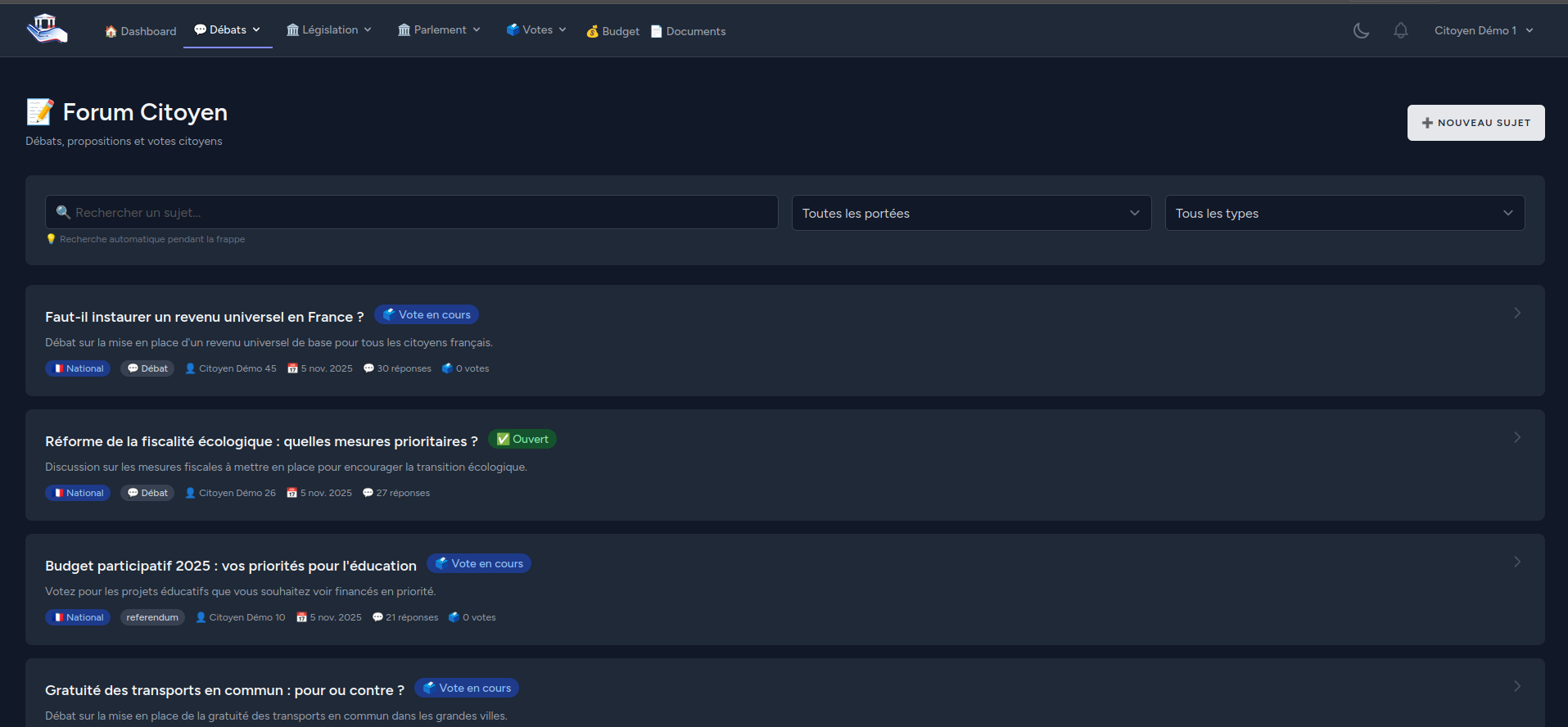 Capture d'écran du forum citoyen avec débats et discussions