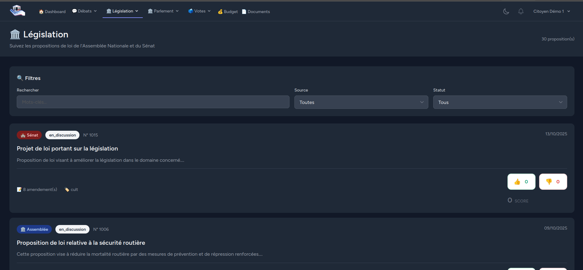 Capture d'écran du suivi législatif avec propositions de loi