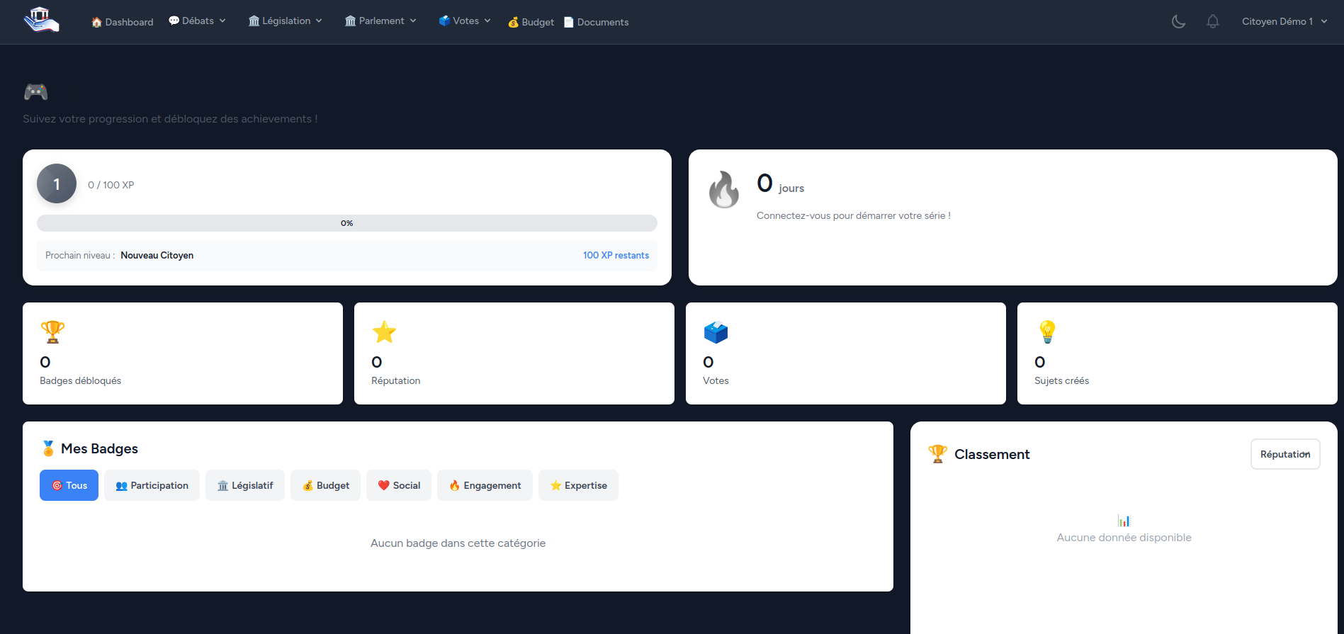 Capture d'écran du système de gamification avec badges et progression